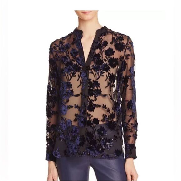 Alice*Olivia Floral Embroidered Sheer Top - Black and Blue, XS